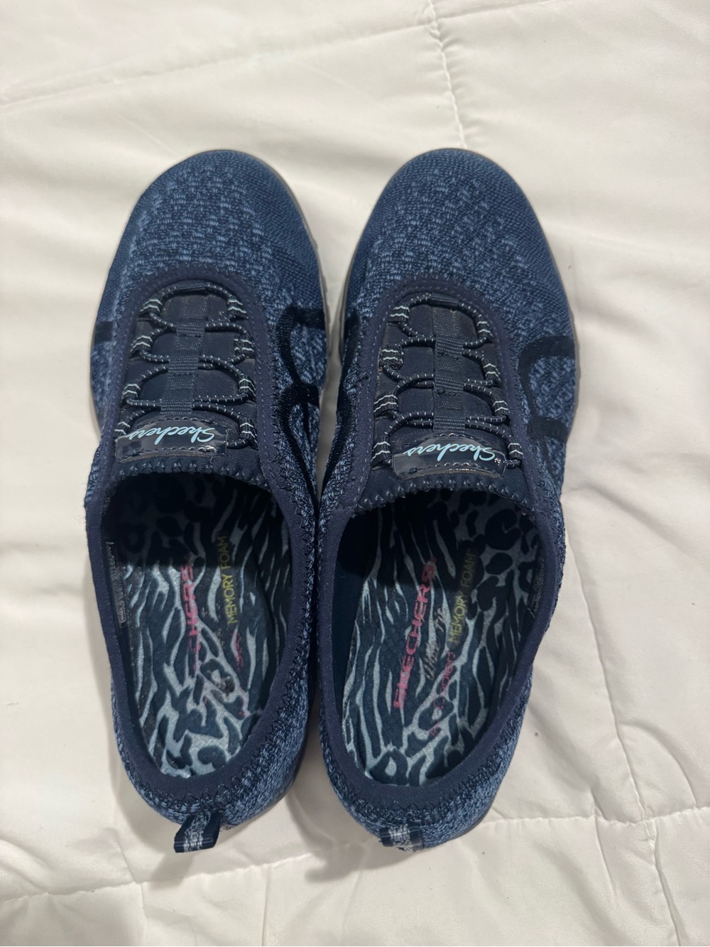 Skechers Navy Slip-On Athletic Knit Sneakers with Patterned Insole